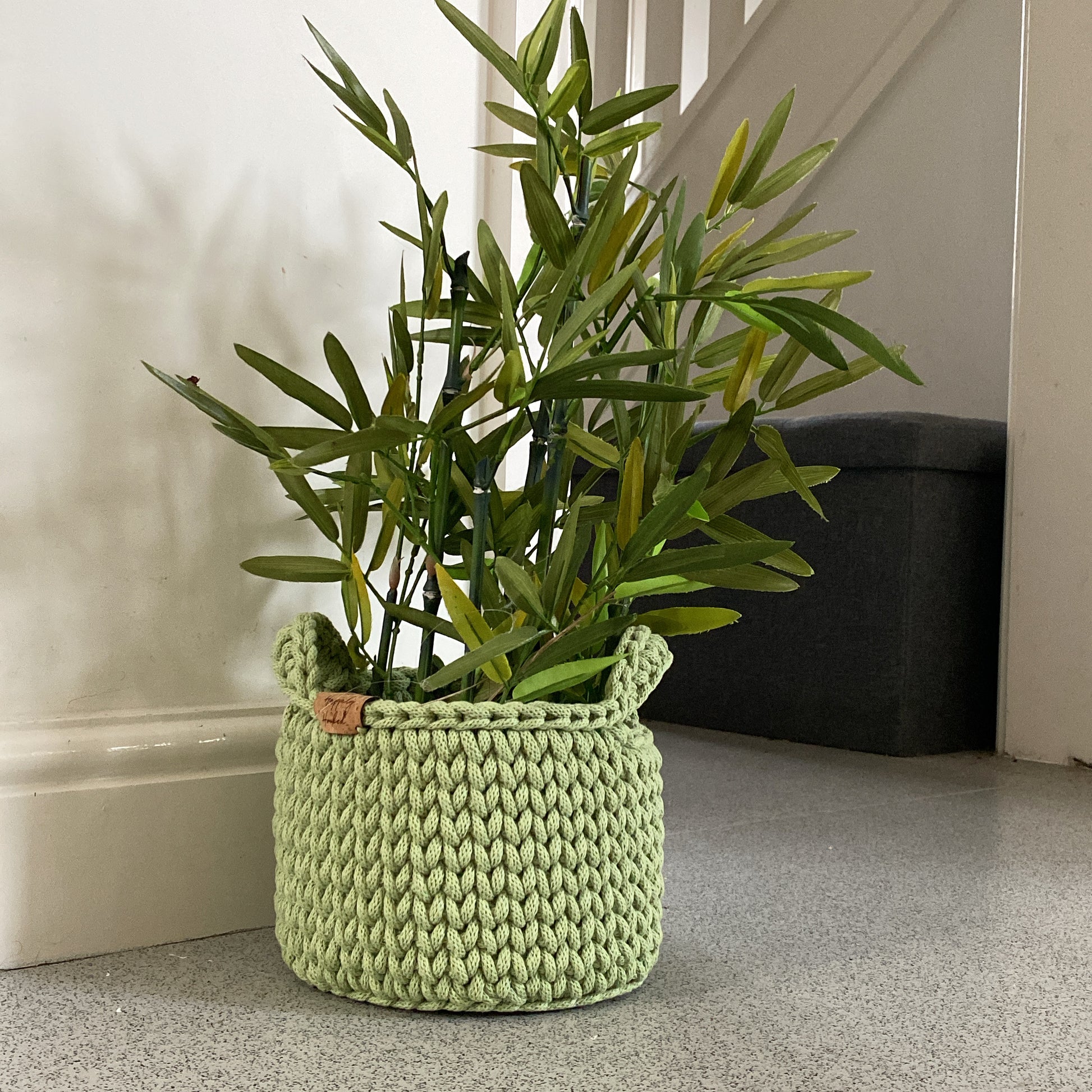 Matcha basket, relaxation item, storage basket, green basket, crochet basket, country homes , stylish interiors, luxury storage solution’s, mindfulness storage solutions, contemporary crochet basket  