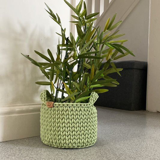 Matcha basket, relaxation item, storage basket, green basket, crochet basket, country homes , stylish interiors, luxury storage solution’s, mindfulness storage solutions, contemporary crochet basket  