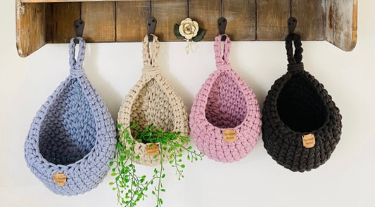 Hanging baskets,  Crochet basket Handmade basketHome stylingCrochet addictLuxury BasketEco friendlyRecycled cotton basketSustainable basketsBaskets up cycled Luxury home decor Country home stylingStylish interiors Crochet baskets Contemporary crochetStorage solutionsStorage Home styling solutions